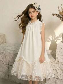 SHEIN Vestido elegante de fiesta y ocasión para niña preadolescente con cuello alto, volantes y parches de malla - Blanco - Ver 1