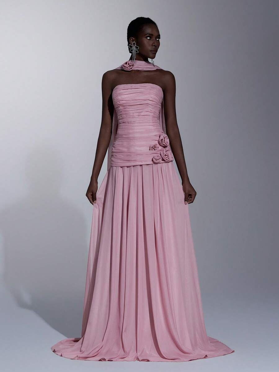 Elitara Elegant, Romantic, Fashionable, Dignified, Pink, Organza Fabric, Ruched Decor, 3D Decoration, Bust Cup, Extra-Large Skirt, Elegant Party Dress, Wedding Guest Dress, Bachelorette Party Dress, Formal Evening Gown - Dusty Pink - View 1