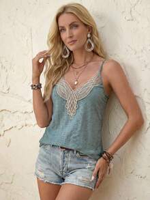 EMERY ROSE Top de tirantes con encaje en contraste - Azul Cadete - Ver 3