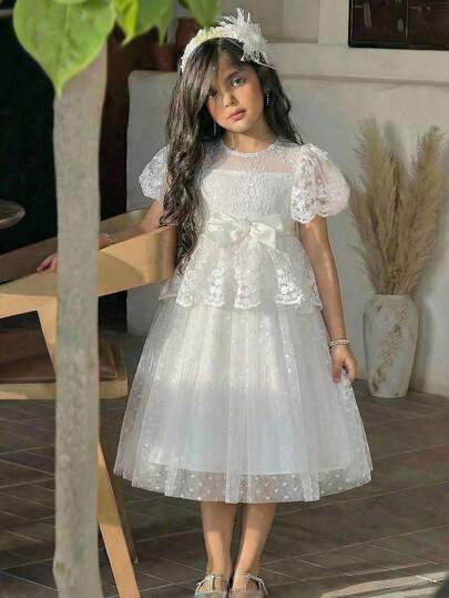 SHEIN Young Girl Woven Solid Color Round Neck Ruffle Mesh Formal Dress