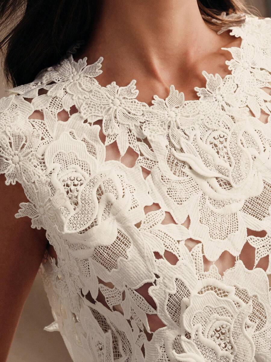 Anewsta 女士优雅杏色蕾丝刺绣无袖衬衫，夏季连衣裙，休闲女式衬衫 - 杏色 - 查看 1