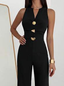 Aloruh Black Backless Spaghetti Strap Jumpsuit, Slim Shoulder Wide Leg Elegant Versatile, Suitable For Daily Wear, Dates, Parties And Other Occasions - Black - View 6