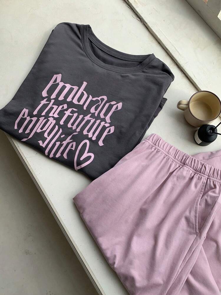Dazy Plus Plus Size Women Letter Print Casual Pajama Set, Short Sleeve Top And Loose Pants, Spring/Summer