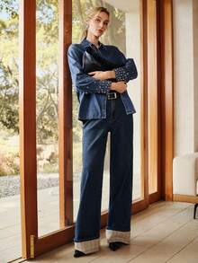 Anewsta Women's Elegant Patchwork Plaid Romantic Party Casual Vacation Blue Straight Leg Cuffed Jeans, Spring/Summer - Blue - View 1