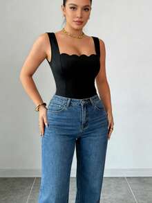 SHEIN LUNE 荷叶边领修身连体裤，显瘦显瘦款式，欧美时尚 - 黑色 - 查看 4