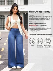 Flexra Damjeans med fickor och knappar, casual och mångsidiga vardagskläder, vida ben - Blå - Visa 2