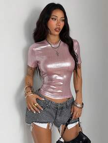 Coolane 女士夏季街头风锐舞派对音乐节Y2K弹力亮片粉色修身T恤 - 粉色 - 查看 4