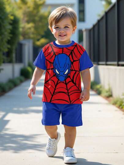 SHEIN 2pcs/Set Young Boy Casual Loose Comfortable Classic Fashion Sports Style Round Neck Short Sleeve T-Shirt And Shorts Set, Suitable For Spring/Summer, Everyday Casual Wear