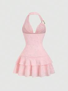 Sweetra Women's Draped Neck Embroidered Ruffle Hem Draped Neck Dress - Pink - View 2