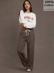 Siren Gaze Women's Casual Commuting Striped Loose Pants - Brown - View 5