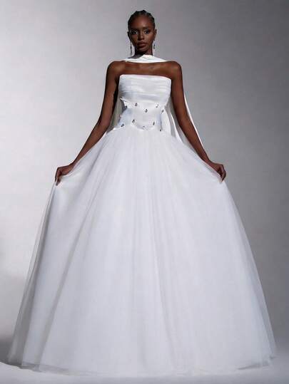 Elitara Elegant Minimalist Cream Satin Patchwork Tulle High-Low Handmade Crystal Ruffle Hem Bridal Wedding Dress, Suitable For Wedding Ceremony, Formal Celebration, Red Carpet Event, Luxury Reception, Outdoor Forest Beach, Formal Occasion Gowns Glamorous Dress Wedding Dress Bridal