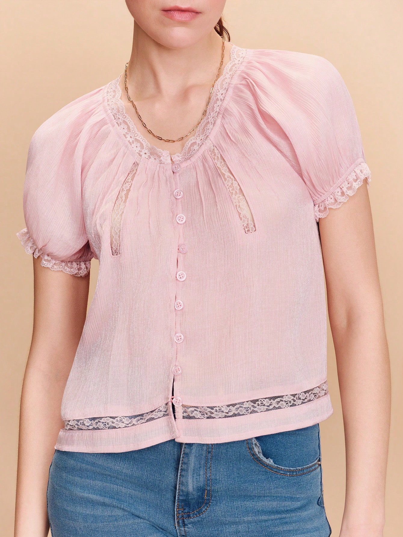 Light Pink Romantic Top With Short Puff Sleeves And Lace Details Vintage Top Spring Summer French Style Parisian Style