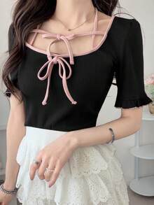 FRIFUL Women's Colorblock Tie-Front Bowknot Fitted T-Shirt, Versatile For Spring And Summer - Black - View 3