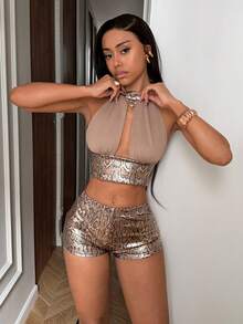 StreetHx 2000年代Y2K风格女装，黑色街头风复古鳄鱼纹露脐上衣短裤套装，休闲街头风，春秋季 - 咖啡棕 - 查看 5