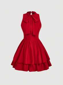 SHEIN MOD Red Summer Cottage Core Picnic Woven Dress,Sleeveless High Neck Large Bow Tie,Button-Front Fitted Gathered Waist,Double-Layered Flared Ruffle Hem - Red - View 2