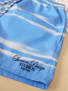 SUMWON 男童扎染泳裤，松紧腰带和抽绳设计，夏季海滩泳池度假泳装，青少年儿童热带假日泳裤 - 藍色 - 查看 3