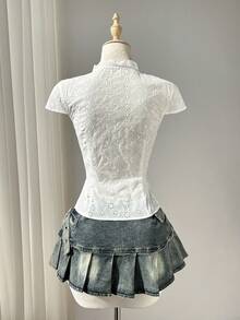 Elamini 白色镂空刺绣面料V领蕾丝边纽扣前襟系带短袖衬衫，女士春夏度假波西米亚甜美可爱通勤上学日常约会百搭款 - 白色 - 查看 2