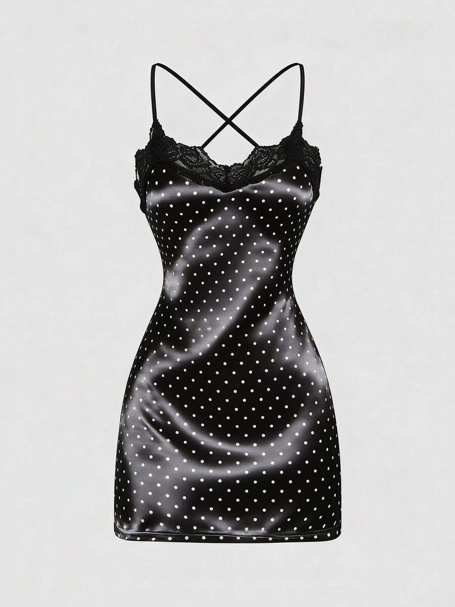 Sweetra Đầm nữ mùa Xuân/Hè mới, thanh lịch, phong cách retro, gợi cảm, ôm sát, chất liệu ren, thoải mái, đa năng, hở lưng, chấm bi. - Đen và trắng - Xem 1