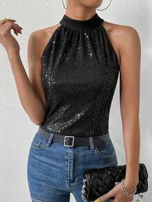 Rafferiza Petite Women's Black Tie Back Halter Neck Sequins Blouse,Summer 70's Club Night Party Disco Glittery Sparkly Top,Valentine's Day Birthday Outfit ,Petite Women - Black - View 5