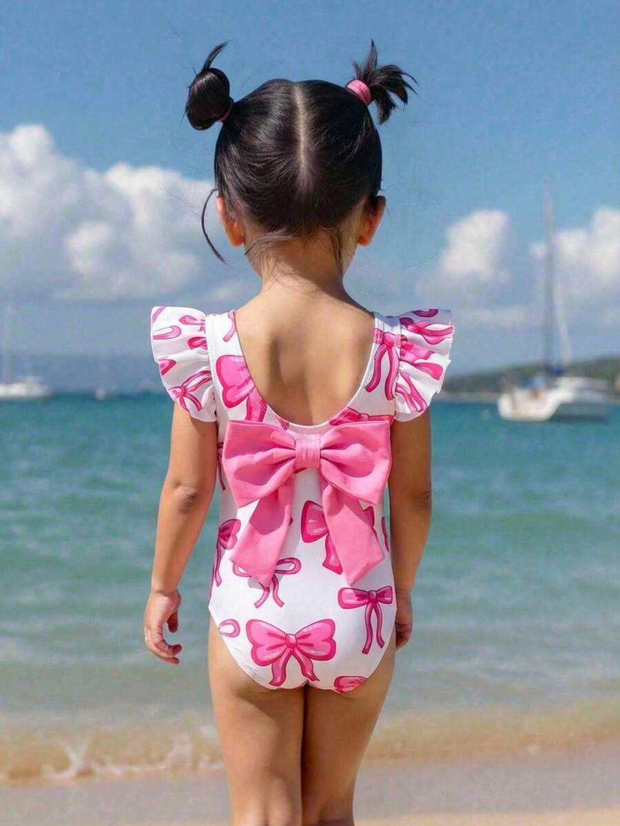SHEIN Emery Rose Kids 女婴可爱蝴蝶结印花休闲针织荷叶袖撞色连体泳衣,夏季女婴可爱针织蝴蝶结拼接撞色吊带连体泳衣,适合夏季外出、游泳、海滩度假 - 粉色 - 查看 1