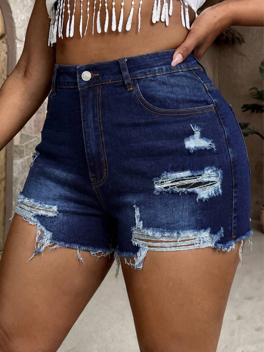 SHEIN PETITE CURVE Plus Size Women's Y2K High Waist Distressed Denim Shorts Dark Blue Ripped Frayed Hem Casual Summer Streetwear Plus Size Summer Casual Washed Distressed Denim Shorts - Dark Wash - View 1