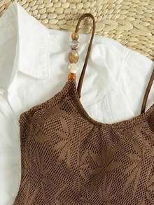 Swim Mod Spring/Summer Knit Jacquard Wireless Spaghetti Strap Criss-Cross Back Elegant One-Piece Swimsuit For Beach Vacation - Coffee Brown - View 4