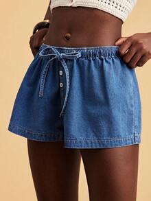 Travachic Quần short denim nữ kiểu dáng thường ngày, có dây rút ở eo, thích hợp cho mùa hè. - Rửa nhẹ - Xem 6