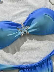 Swim Vcay Set de 2 piezas Bikini de estilo bandeau con estampado de estrellas de mar en degradado azul para mujeres, primavera/verano - Azul - Ver 3