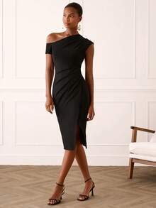 Lilora Elegant Black Summer Bodycon Midi Dress For Women,Asymmetrical One Shoulder Ruched Luxury Chic Dining Dinner Date Dresses,High Quality Zanea Dress - Black - View 4