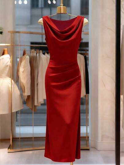 SHEIN Franclia Women's Solid Color Ruched Neck Slit Hem Sleeveless Elegant Dress