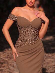 Glamrae Vestido elegante y lujoso con mangas bordadas con cuentas y lentejuelas, hombros descubiertos, empalme, elástico fruncido y bajo de sirena, adecuado para bodas, fiestas, vacaciones, galas y ocasiones formales (resistente) - Óxido marrón - Ver 7