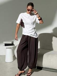 Lavishia Quần ống rộng nữ kiểu dáng thường ngày, thoải mái và đa năng, màu cà phê, thích hợp cho mùa xuân/hè. - Cà phê nâu - Xem 7