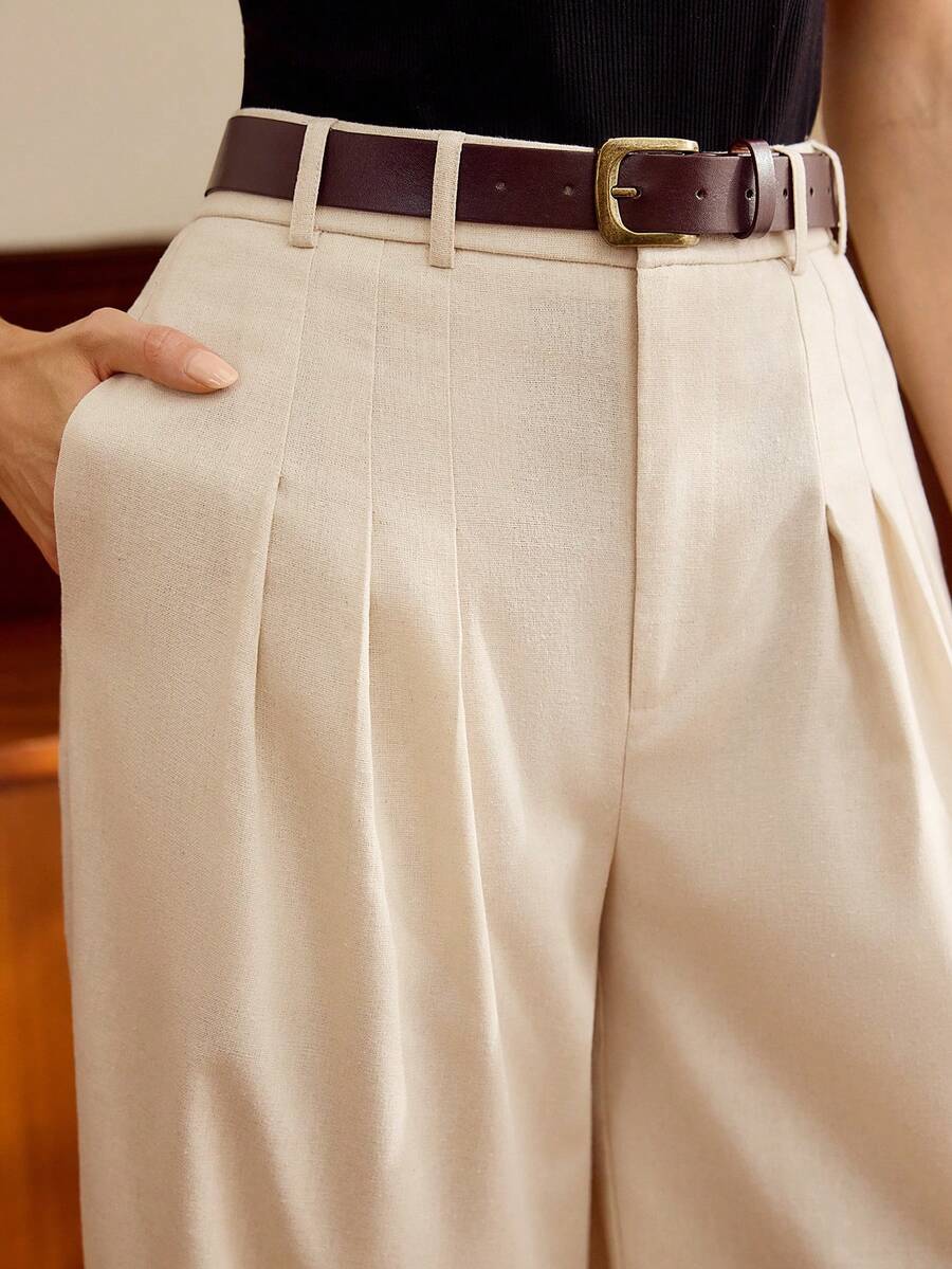 Vintamour 復古經典優雅女款長褲，春夏辦公高腰百褶褲附腰帶，米色秋季休閒度假口袋奶油色長褲 - 杏色 - 查看 1