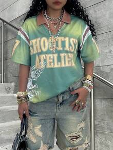 Plus Size Women's Letter Print Loose Polo Collar Plus Size Short Sleeve T-Shirt - Multicolor - View 4