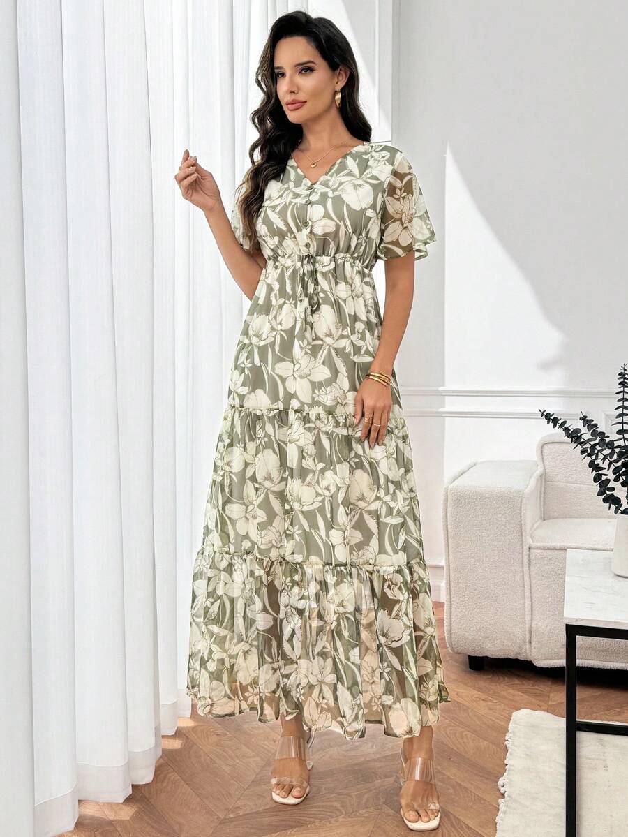 Medorina 優雅波西米亞風花卉荷葉邊印花女款洋裝，輕盈鼠尾草綠，V領分層設計，適合海灘派對、婚禮賓客、夏季度假