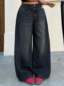 Dazy Plus Jeans de pierna ancha y larga de talla grande con efecto desgastado y lavado - Azul lavado oscuro - Ver 5