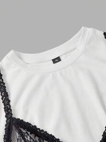 SHEIN MOD Đầm ren cỡ lớn 2 trong 1 màu đen trắng dáng ngắn - Đen và trắng - Xem 4
