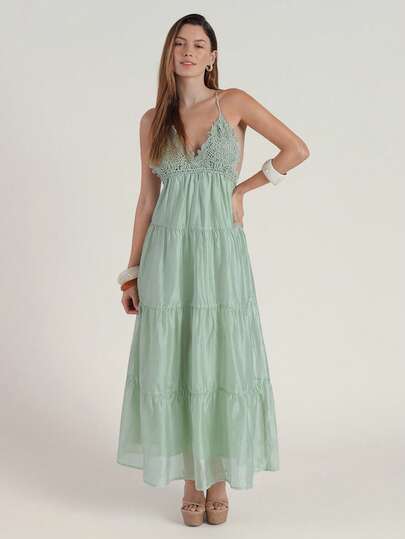 CielaLinda 女士蕾丝拼接绿色纯色吊带长裙，褶皱设计，适合度假穿着。