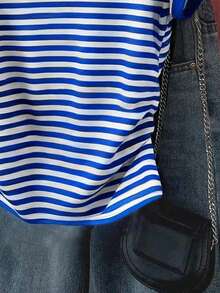 Resyla 女士夏季休闲条纹印花T恤，修身腰部设计，经典图案，优雅气质，百搭日常穿着 - 彩色 - 查看 4