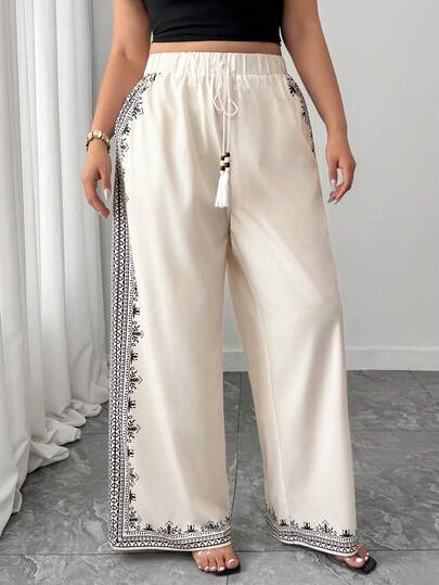 Elenzga 大码女式抽绳腰带口袋休闲百搭阔腿裤，适合日常穿着