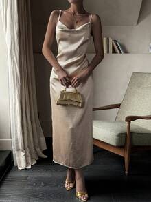Livesso Đầm midi satin hai dây eo dành cho nữ - Màu Khaki - Xem 4