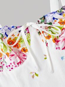SHEIN MOD Đầm hai dây xếp ly in hoa nhiều màu sắc với nơ – Phong cách lãng mạn mộng mơ, đầm mùa hè và mùa xuân dành cho nữ, thích hợp cho hẹn hò, dự tiệc, nghỉ xuân, du lịch, dã ngoại, lễ hội, sinh nhật. - trắng - Xem 3
