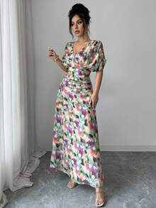 SHEIN Elenzya 女士优雅V领印花露肩系带褶皱长裙，休闲沙滩度假日常穿着，派对、婚礼宾客礼服，印花长裙，女士最新款连衣裙，女士夏季连衣裙，女士正式裹身裙，女士连衣裙 - 彩色 - 查看 4