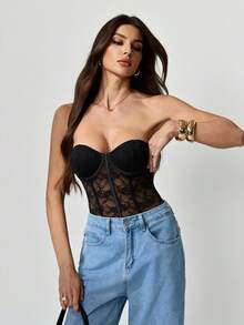 SHEIN Tall Women's Black Lace Bodysuit: Strapless Sleeveless Knitted Sheer Floral Lingerie Top - Black - View 5