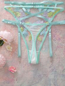 Conjunto de sujetador y ropa interior de encaje con bordado floral de primavera, diseño de tirantes calados + conjunto de 3 piezas con bragas sexy y liguero - Verde - Ver 4