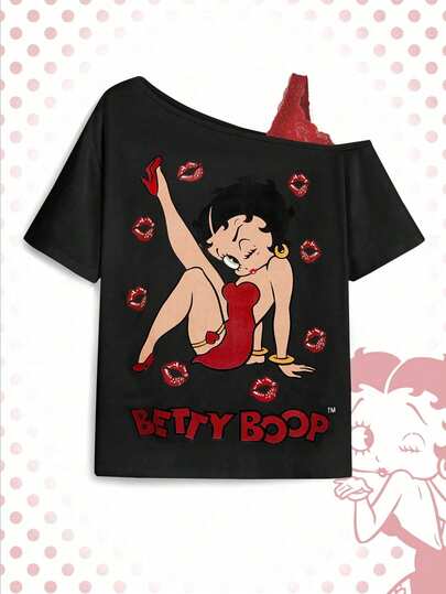 Betty Boop | ROMWE Camiseta casual de manga asimétrica con estampado de personaje de dibujos animados y letras, contraste de encaje, talla grande, verano, camiseta gráfica
