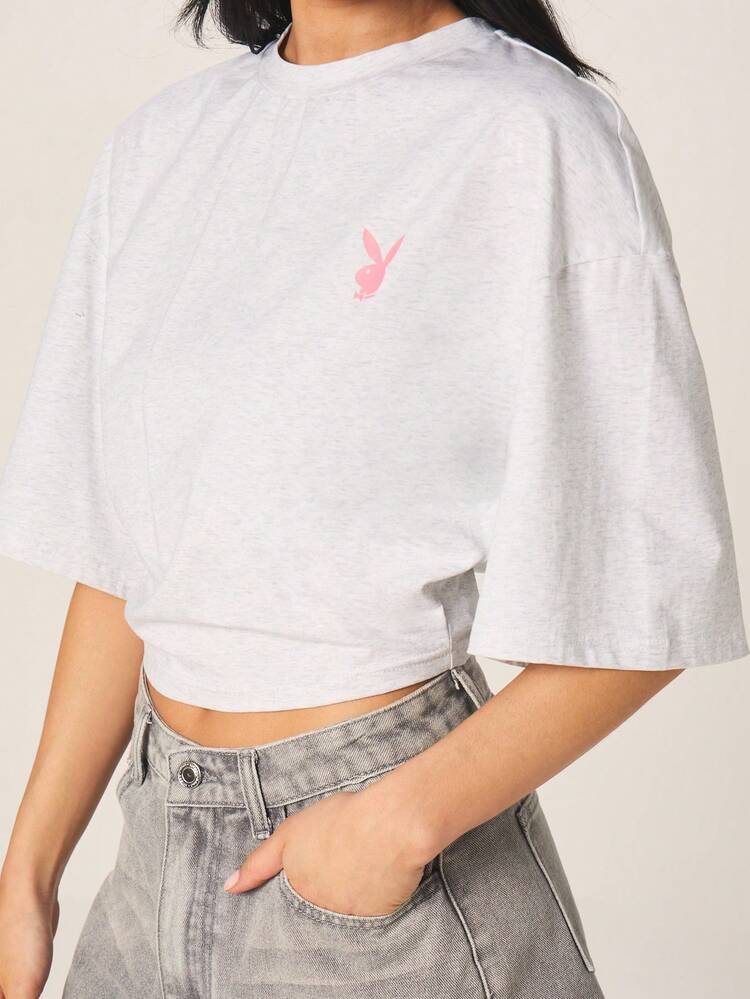 Missguided x Playboy Women's Cropped Boxy Tee With Pink Bunny Logo Short Sleeve Crew Neck Grey Cotton T-Shirt Casual Summer