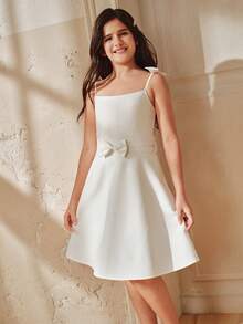 Anewsta Elegant Princess Style High Waist Pearl Bow Adjustable Strap Dress, Runway Collection For Big Girls, Spring/Summer - White - View 5