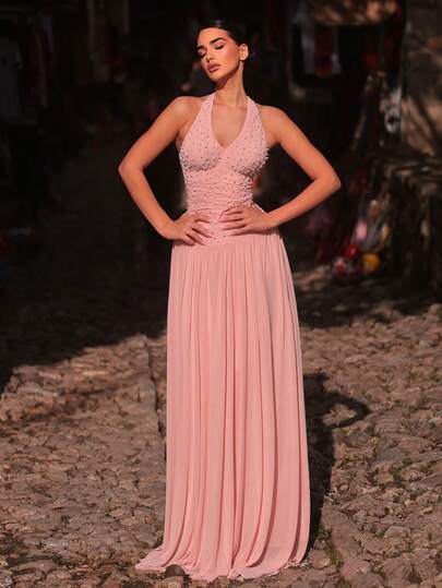 Aureia Elegant, Glamorous, And Fashionable, This Pink Stretch Mesh Dress Features Handmade Pearl Embellishments, A Halter Neck, Pleated Details, And An A-Line Train. Perfect For Weddings, Bachelorette Parties, Resort Parties, Proms, And Evening Gowns (Heavy-Work Design).