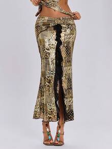 ROMWE Y2K Animal Print Metallic Sexy Beach Vacation Style Ruffle Hem Bodycon Skirt For Women - Gold - View 6